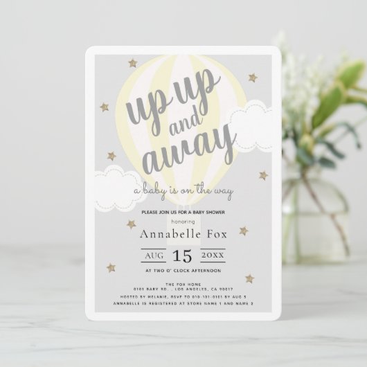 Up and Away Hete Luchtballon Geel Baby shower Kaart (Staand voorkant)