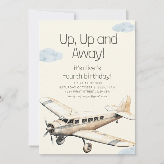 Up and Away Vliegtuig Vliegende Verjaardag Uitnodi Kaart (Voorkant)