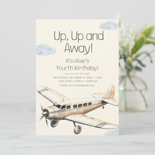 Up and Away Vliegtuig Vliegende Verjaardag Uitnodi Kaart (Staand voorkant)