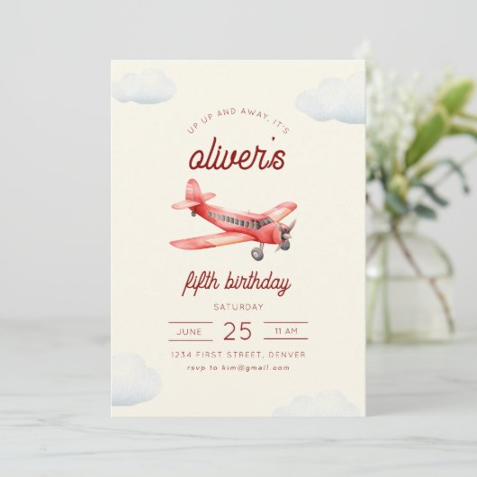 Up and Away Vliegtuig Vlucht Verjaardag Uitnodigen Kaart (Staand voorkant)