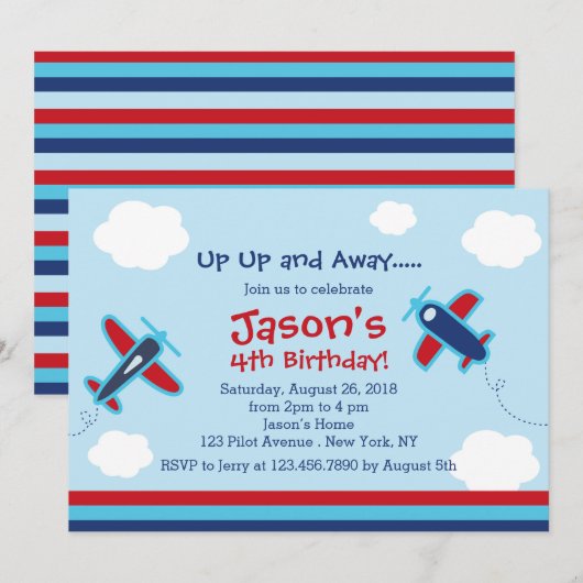 Up and Away Vliegtuigverjaardagsfeestje I Kaart (Voorkant / Achterkant)