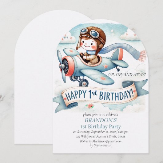 Up & Away 1st Birthday Boy Vliegtuig Kaart (Voorkant / Achterkant)