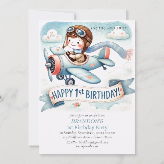 Up & Away 1st Birthday Boy Vliegtuig Kaart (Voorkant)