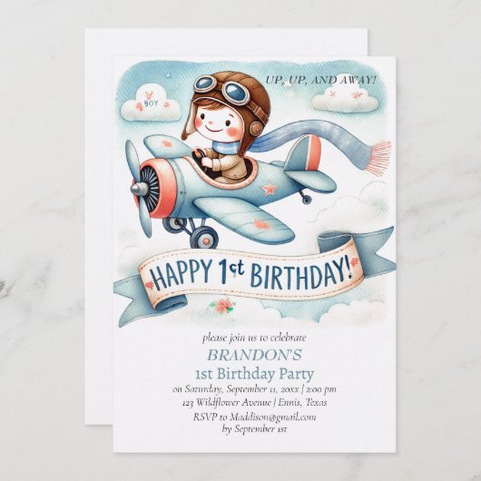 Up & Away 1st Birthday Boy Vliegtuig Kaart (Voorkant / Achterkant)