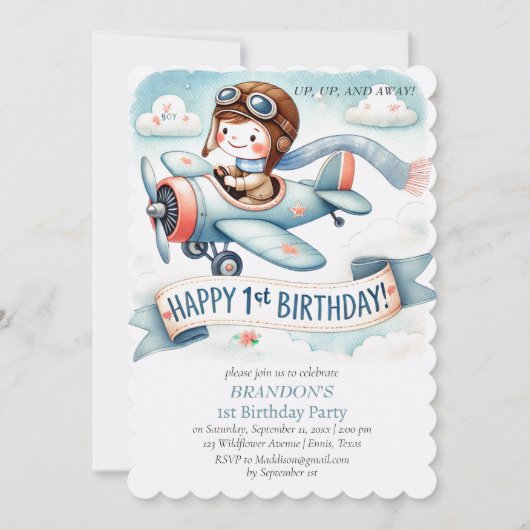 Up & Away 1st Birthday Boy Vliegtuig Kaart (Voorkant)