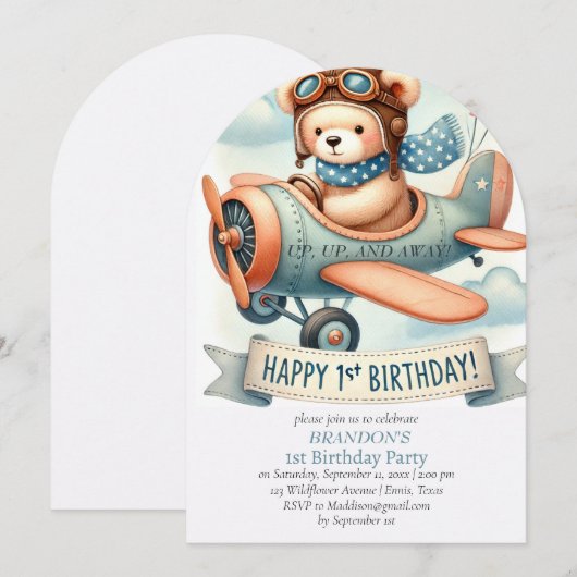 Up & Away 1st Birthday Boy Vliegtuig Kaart (Voorkant / Achterkant)