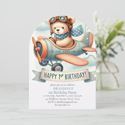 Up & Away 1st Birthday Boy Vliegtuig Kaart (Staand voorkant)