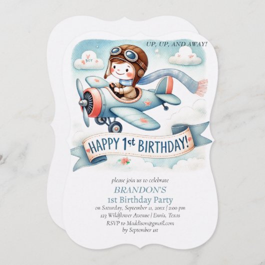 Up & Away 1st Birthday Boy Vliegtuig Kaart (Voorkant / Achterkant)