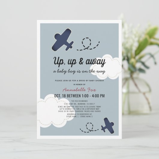 Up & Away Airplane Blue Drive-by Baby shower Kaart (Staand voorkant)