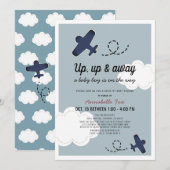 Up & Away Airplane Blue Drive-by Baby shower Kaart (Voorkant / Achterkant)