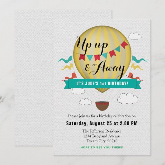 Up & Away Baby's eerste verjaardag uitnodiging (Voorkant / Achterkant)
