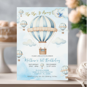Up & Away Blue Hot Air Balloon Boy 1e verjaardag Kaart