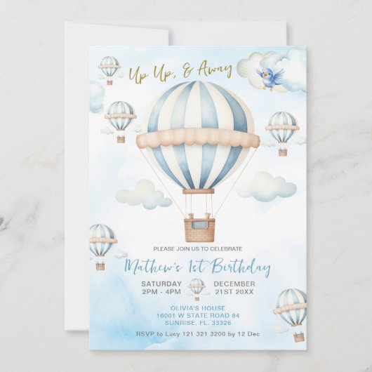 Up & Away Blue Hot Air Balloon Boy 1e verjaardag Kaart (Voorkant)