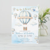 Up & Away Blue Hot Air Balloon Boy 1e verjaardag Kaart (Staand voorkant)