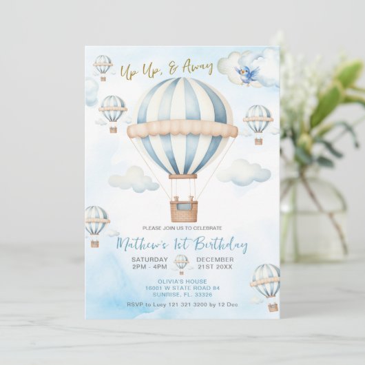 Up & Away Blue Hot Air Balloon Boy 1e verjaardag Kaart (Staand voorkant)