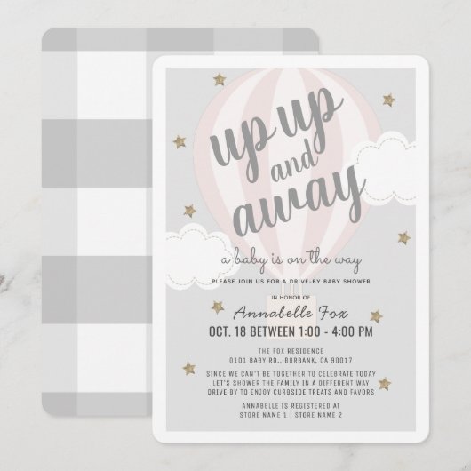 Up Away Hete Luchtballon Roze Drive-by Baby shower Kaart (Voorkant / Achterkant)