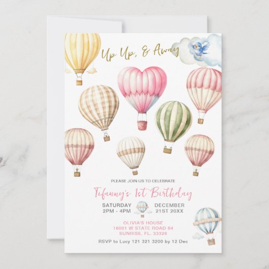 Up & Away Hete Luchtballonnen Meisje 1e verjaardag Kaart (Voorkant)