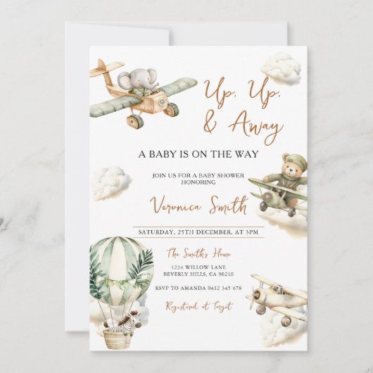 Up & Away, Hot Air Balloon Airplane Baby Shower Kaart (Voorkant)