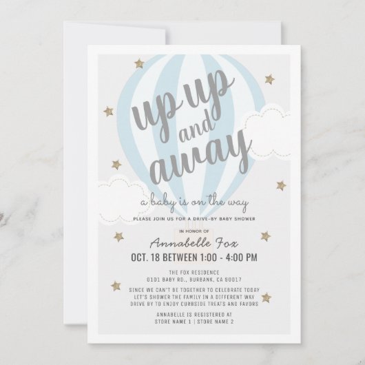 Up Away Hot Air Balloon Drive-by Blue Shower Kaart (Voorkant)