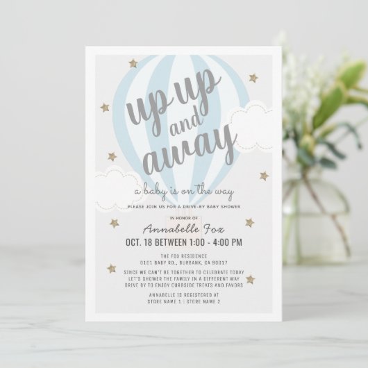 Up Away Hot Air Balloon Drive-by Blue Shower Kaart (Staand voorkant)