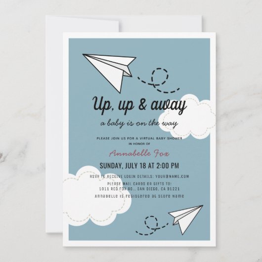 Up & Away Papiervliegtuig Blauw Virtueel Baby show Kaart (Voorkant)
