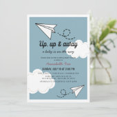 Up & Away Papiervliegtuig Blauw Virtueel Baby show Kaart (Staand voorkant)