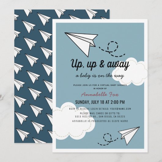 Up & Away Papiervliegtuig Blauw Virtueel Baby show Kaart (Voorkant / Achterkant)