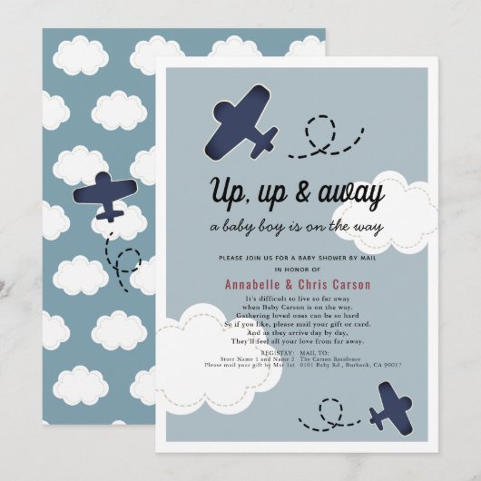 Up & Away Vliegtuig Blue Boy Baby shower per Mail Kaart (Voorkant / Achterkant)