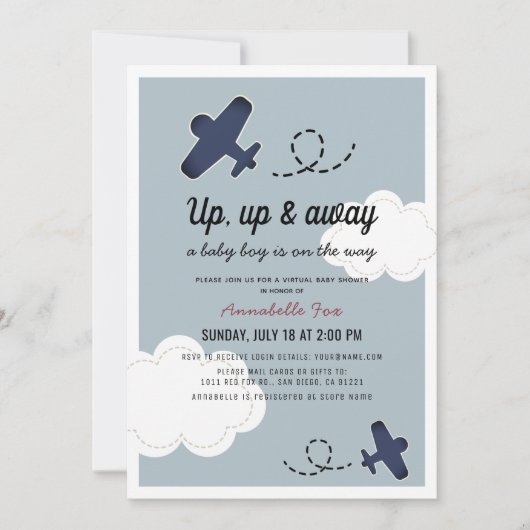 Up & Away Vliegtuig Blue Boy Virtual Baby shower Kaart (Voorkant)