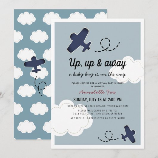 Up & Away Vliegtuig Blue Boy Virtual Baby shower Kaart (Voorkant / Achterkant)