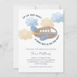 Up Up and Away Watercolor Airplane Boy Baby Shower Kaart