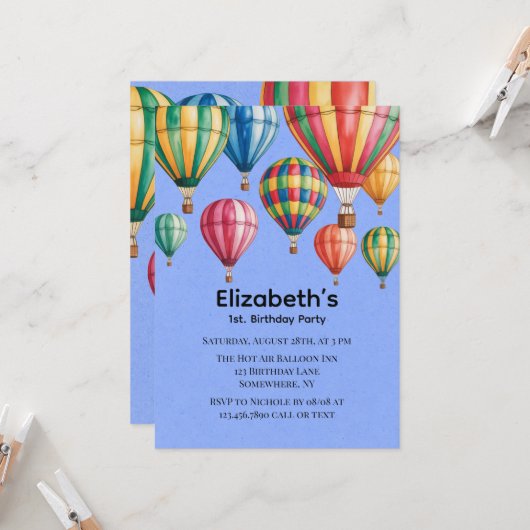 Up Up & Away 1st. Birthday Party Kaart (Voorkant / Achterkant in situ)