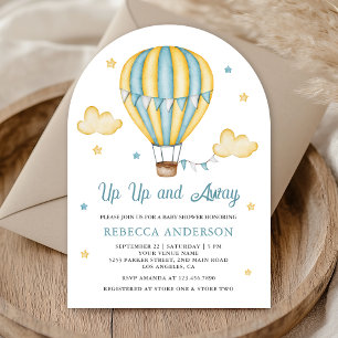 Up Up Away Gele Blauwe Heet Luchtballon Baby Showe Kaart