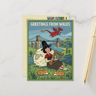 UPA Cartoon Stijl Groeten uit Wales Postkaart