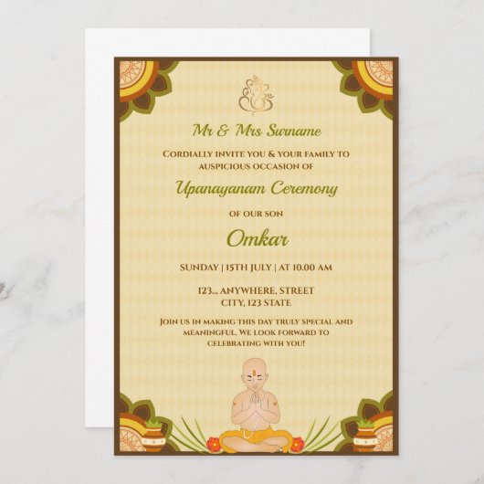 Upanayanam Ceremonie Uitnodigingskaart, Janoi Kaar Kaart (Voorkant / Achterkant)