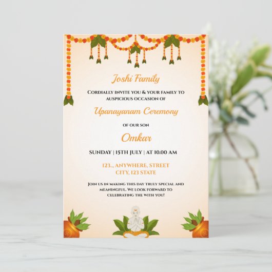 Upanayanam Ceremony Invitation Kaart, Thread Invit Kaart (Staand voorkant)