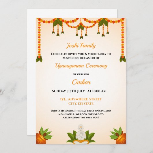 Upanayanam Ceremony Invitation Kaart, Thread Invit Kaart (Voorkant / Achterkant)