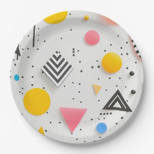 Upbeat achtergrond van vormen en strepen papieren bordje (Voorkant)