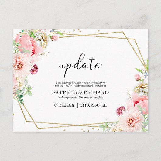 Update Blush Bloemen Bruiloft Wijzig De Datum Briefkaart (Voorkant)