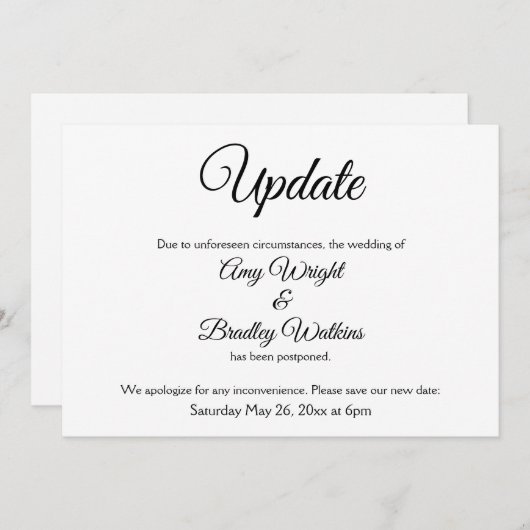 "Update" Elegante uitnodiging voor uitgestelde bru (Voorkant / Achterkant)