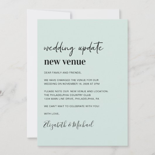 Update Nieuwe Locatie Mint Bruiloft Aankondiging (Voorkant)