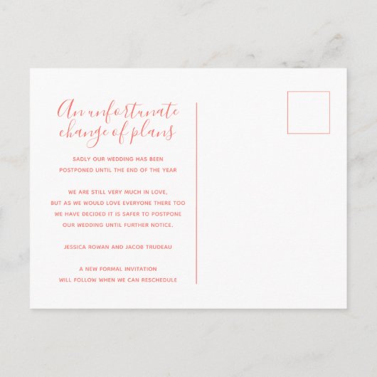 Update om de annulering van het koraal oranje huwe aankondigingskaart (Achterkant)