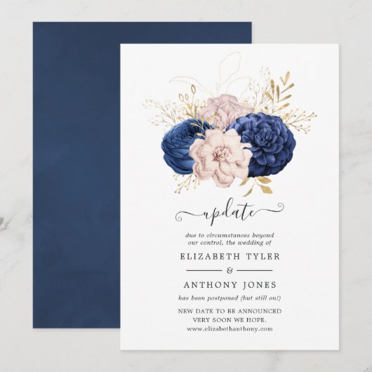 Update voor Blush Pink, Navy Blue en Gold Wedding  Kaart (Voorkant / Achterkant)