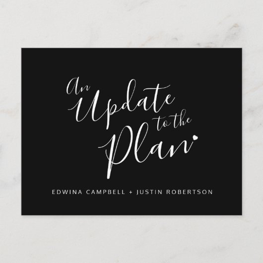Update voor plannen zwarte witte bruiloft geannule aankondigingskaart (Voorkant)