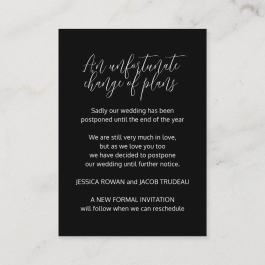Update voor plannen zwarte witte bruiloft geannule informatiekaartje (Achterkant)