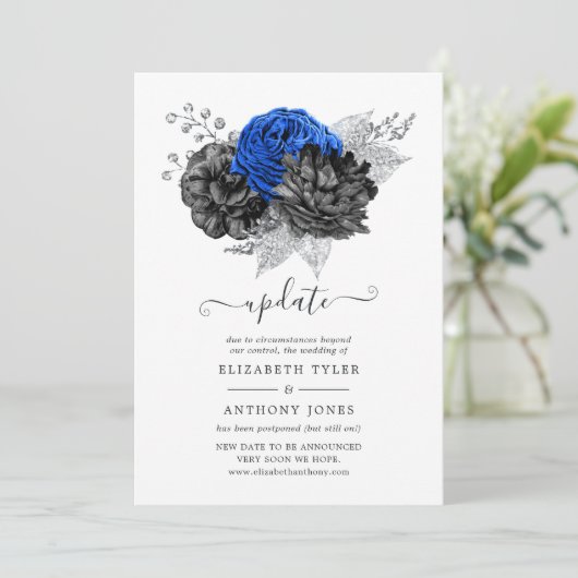 Update voor Royal Blue, Black en Silver Floral Wed Kaart (Staand voorkant)