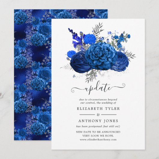 Update voor Royal Blue en Silver Floral Wedding Up Kaart (Voorkant / Achterkant)