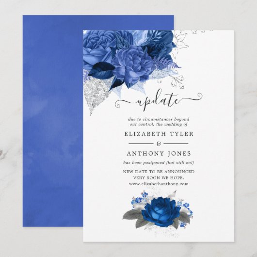 Update voor Royal Blue en Silver Floral Wedding Up Kaart (Voorkant / Achterkant)