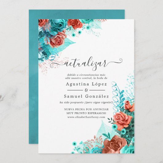 Update voor Spaanse Turquoise en Coral Floral Wedd Kaart (Voorkant / Achterkant)