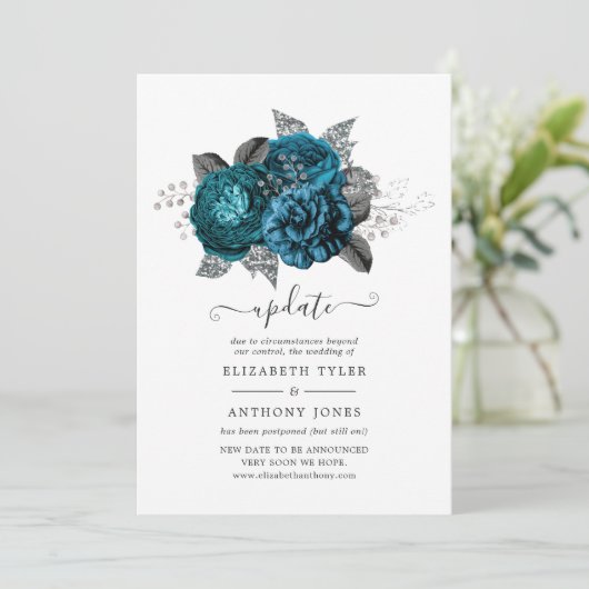 Update voor Turquoise, Black en Silver Floral Wedd Kaart (Staand voorkant)